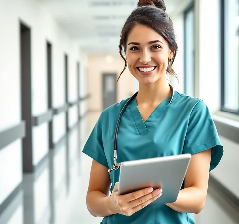 Allied health professional in scrubs holding a tablet in a hospital hallway